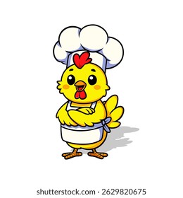 Cute cartoon chicken chef with arms crossed, ready to cook delicious meals. Perfect for food businesses, restaurants, and culinary projects.