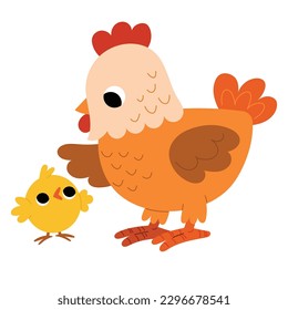 Cute cartoon chicken and chick characters farm birds, cartoon vector illustration for children