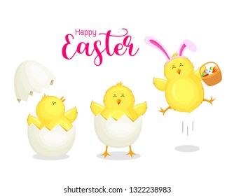 Cute cartoon chicken creacking from egg shell wearing easter bunny ear. Easter egg hunt poster invitation template. Vector illustration isolated on white background.