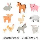 Cute cartoon chicken, donkey, pig, sheep and horse. Vector flat cartoon illustration isolated on white background. Farm animals set