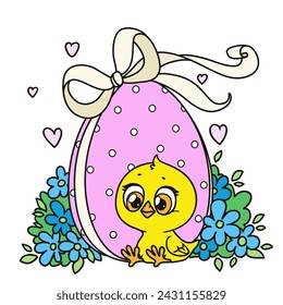 Cute cartoon chicken with Easter egg surrounded flowers color variation on a white background. Image produced without the use of any form of AI software at any stage