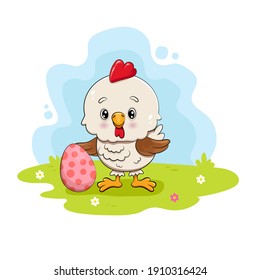 Ziehe Cartoon Huhn mit Ei. Osterkarte