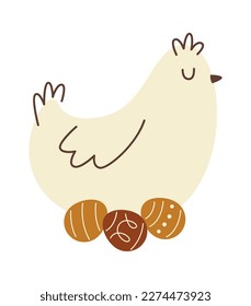 Cute cartoon chicken with eggs flat icon. Vector illustration
