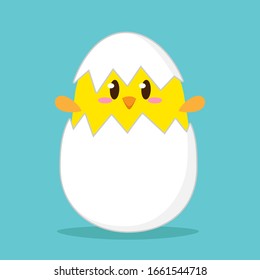 Cute cartoon chicken in eggshell. Happy Easter card vector illustration