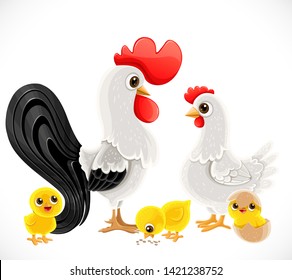 Cute cartoon chicken family dad cock, mom chicken and kids chickens isolated on white background