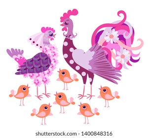 Cute cartoon chicken family isolated on white background. Beautiful poster for baby.
