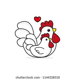 Cute cartoon chicken family. Rooster, hen Vector illustration isolated on white background.