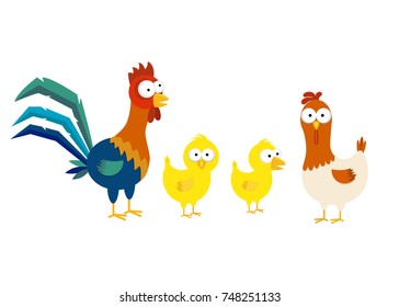 Cute cartoon chicken family. Rooster, hen and chickens. Vector illustration isolated on white background.