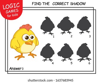 Cute cartoon chicken. Find the correct shadow. Educational matching game for children with cartoon character. Logic Games for Kids. Education card with task for children preschool and kindergarten.