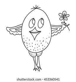 Cute cartoon chicken with flower. Vector illustration.