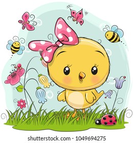Cute Cartoon Chicken with flowers and butterflies