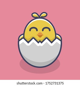 Cute cartoon chicken. Funny yellow chickens with egg vector illustration.