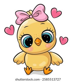 Cute Cartoon chicken girl with Bow and hearts on a white background