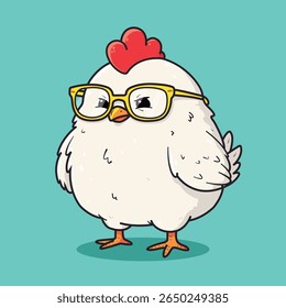 Cute Cartoon Chicken with Glasses Funny Vector Character Illustration
