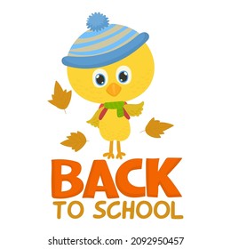 Cute cartoon chicken going to school in autumn season