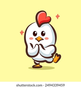 cute cartoon chicken hands in front of him while lifting his right leg vector IIlustrations for logo