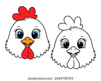 Cute cartoon chicken head illustration, with one colored version and one black and white outline. Ideal for farm animal themes or coloring pages.