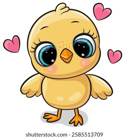 Cute Cartoon chicken with hearts on a white background