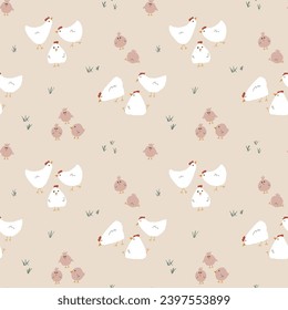 Cute Cartoon chicken and hen Seamless Pattern, Background vector Illustration.