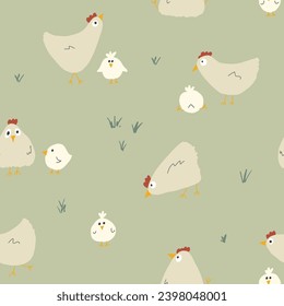 Cute Cartoon chicken and hen Seamless Pattern, Background vector Illustration.