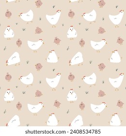 Cute Cartoon chicken and hen Seamless Pattern, Background vector Illustration.