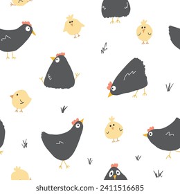 Cute Cartoon chicken and hen Seamless Pattern, Background vector Illustration.