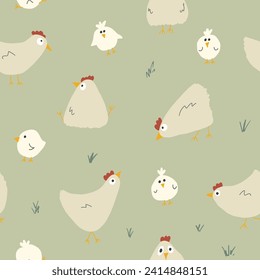 Cute Cartoon chicken and hen Seamless Pattern, Background vector Illustration.