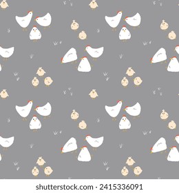 Cute Cartoon chicken and hen Seamless Pattern, Background vector Illustration.