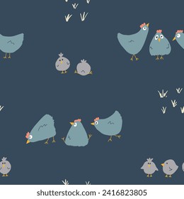 Cute Cartoon chicken and hen Seamless Pattern, Background vector Illustration.