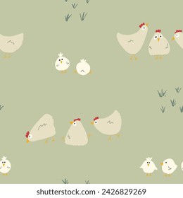 Cute Cartoon chicken and hen Seamless Pattern, Background vector Illustration.