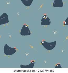 Cute Cartoon chicken and hen Seamless Pattern, Background vector Illustration.