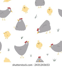 Lindo pollo y gallina de dibujos animados patrón sin costura, ilustración vectorial de fondo.