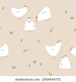 Cute Cartoon chicken and hen Seamless Pattern, Background vector Illustration.