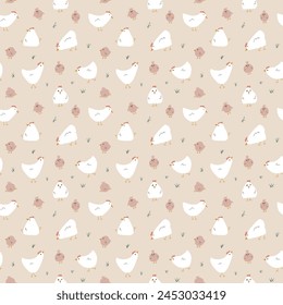 Cute Cartoon chicken and hen Seamless Pattern, Background vector Illustration.