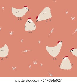 Cute Cartoon chicken and hen Seamless Pattern, Background vector Illustration.