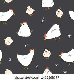 Cute Cartoon chicken and hen Seamless Pattern, Background vector Illustration.