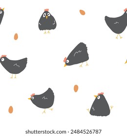 Cute Cartoon chicken and hen Seamless Pattern, Background vector Illustration.