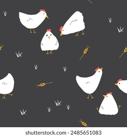 Lindo pollo y gallina de dibujos animados sin costura patrón, Ilustración vectorial de fondo.