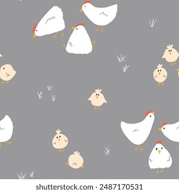 Cute Cartoon chicken and hen Seamless Pattern, Background vector Illustration.
