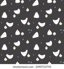 Cute Cartoon chicken and hen Seamless Pattern, Background vector Illustration.