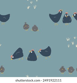 Cute Cartoon chicken and hen Seamless Pattern, Background vector Illustration.