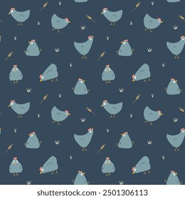 Cute Cartoon chicken and hen Seamless Pattern, Background vector Illustration.
