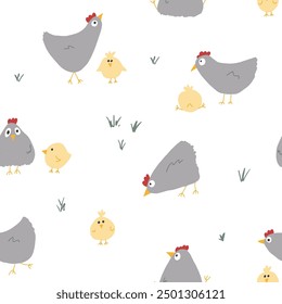 Cute Cartoon chicken and hen Seamless Pattern, Background vector Illustration.