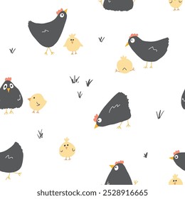 Cute Cartoon chicken and hen Seamless Pattern, Background vector Illustration.