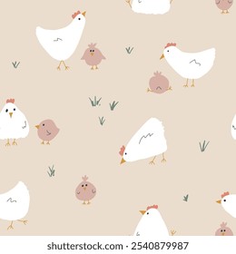 Cute Cartoon chicken and hen Seamless Pattern, Background vector Illustration.