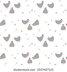 Cute Cartoon chicken and hen Seamless Pattern, Background vector Illustration.