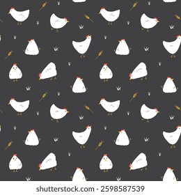 Cute Cartoon chicken and hen Seamless Pattern, Background vector Illustration.