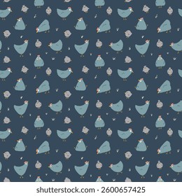 Cute Cartoon chicken and hen Seamless Pattern, Background vector Illustration.