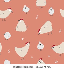 Cute Cartoon chicken and hen Seamless Pattern, Background vector Illustration.