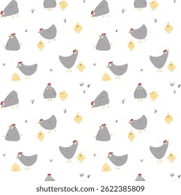 Cute Cartoon chicken and hen Seamless Pattern, Background vector Illustration.